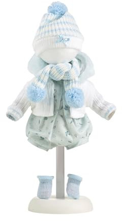 Llorens 1024922 Puppenkleidung für 38 cm Puppen, Kleider-Set blau weiß mit Strickpullover, Mütze, Schal und Body, Puppenoutfit, Puppenzubehör