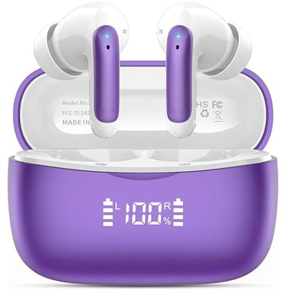 Bluetooth Kopfhörer, Kopfhörer Kabellos Bluetooth 5.3 In Ear Kopfhörer mit 4 ENC Noise Cancelling Mic, 56Std HiFi Stereo Tiefer Bass, IP7 wasserdicht Ohrhörer mit LED Anzeige, Touch Control,2025, Lila
