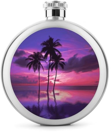 Palm Tree Purple Sunset Hip Flask 304 Stainless Steel Hip Flask Portable Wine Flasks Leakproof Whiskey Flasks for Drink Bar BBQS And Traveling,Capacity 5 Oz