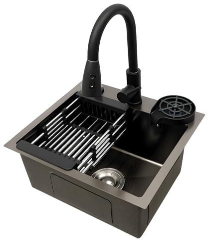 Évier de cuisine, noir, 40 x 45 cm, encastrable, monobloc, extensible, rotatif à 360°, avec gouttière d'écoulement, panier d'égouttement, porte-savon, avec socle