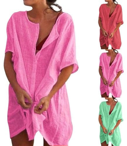 Robe De Plage Femme Ete - Pareo Plage Chemise Col Rond Kimono Élégant Cache Maillot De Bain Bikini Cover Up Tunique Casual en Coton, Chemisier Blouse Grande Taille pour Vacances, Beach, Piscine 2025
