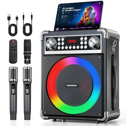 HUABAO Karaoke-Maschine mit 2 kabellosen Mikrofonen, tragbarer Bluetooth-Lautsprecher für Erwachsene und Kinder, PA-System mit Fernbedienung und Beleuchtung, Bass-/Höhenregelung, USB/AUX/TF/FM