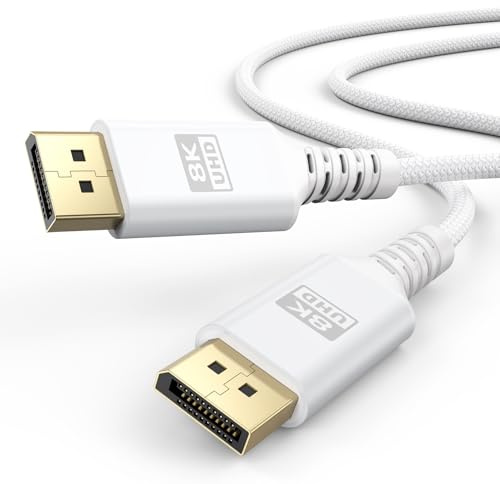UVOOI 8K White DisplayPort Cable 6.6FT, Display Port 1.4 Cable DP Cord (8K@60Hz, 5K@60Hz, 4K@144Hz, 2K@240Hz, HDR) for Gaming Monitor PC, Laptop, Graphics Card