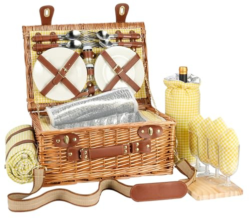 Wicker Picknickkorb Set für 2-4 Person mit Kühlfach und wasserdichte Picknickdecke, Abnehmbarer Riemen, Weinbeutel, Besteck Set, für Camping, Strand, Wandern, BBQ,Familie/Paare Geschenke (Yellow)