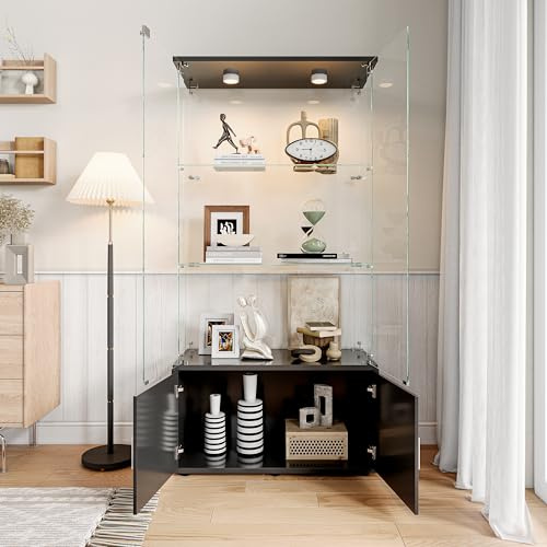 DAHUEN Glasvitrinenschrank mit LED Beleuchtung, Glasvitrine mit Zwei Türen, 4 Lagen & 2 abschließbaren Türen, Vitrinenschrank aus Holz & Glas (Schwarze-Panel-Licht-Variante)