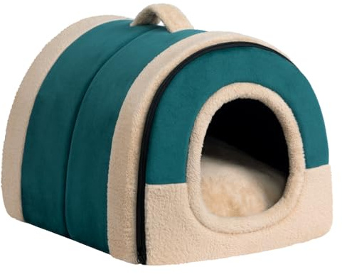 Hollypet Katzenbett Kleines Hundebett, 2-in-1 Faltbare Haustierbett | für Katzen & Kleine Hunde, Warmes Höhlennest Kristallsamt-Katzenhöhle Indoor Outdoor, Grün