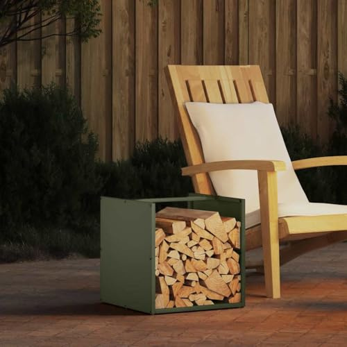 LoogCape Estantería para leña verde oliva 40 x 40 x 40 cm de acero laminado en frío, soporte de madera estable para estufa y leña, práctico almacenamiento para salón, terraza o jardín, elegante ayuda