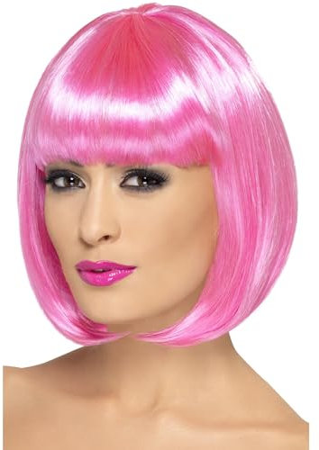 Smiffys Partyrama Perücke, 12 Zoll, Rosa, Kurzer Bob mit Pony