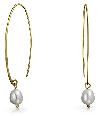 Orecchini a filo lungo con gancio semplice ed elegante minimalista con perle d'acqua dolce bianche coltivate per donne, placcati in oro 14K, argento sterling .925