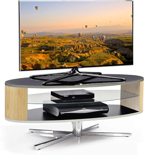 MDA Designs Orbit 1100 Gloss Black TV Stand with Oak Elliptic Sides for Flat Screen TVs up to 55