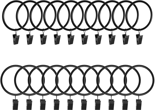 Lansian 20 Pack Curtain Rings with Clips Hooks 2 in Diameter Rustproof | Matte Metal Stainless Steel Drapery Rings for Tension Rod Bracket Eyelets Decorative Hanger, Fits 1.88 in Rods, Black