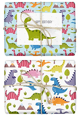 4x Geschenkpapier Dinosaurier für Kinder: doppelseitige Bögen DIN A2 (Öko, Recycling-Papier) + 1x Postkarte | Für Jungen und Mädchen | Made in Germany