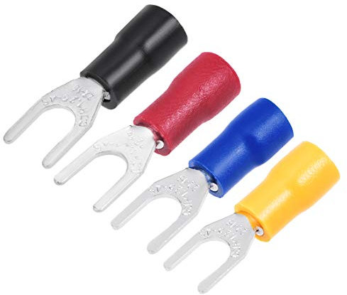 sourcing map 200Pcs SV1.25-4S Insulated Fork Spade U-Type Wire Connector Electrical Crimp Terminal 22-16AWG Blue/Black/Red/Yellow(Same Size,Length 21.5mm,Bolt Mouth 4.3mm/0.17Inch)