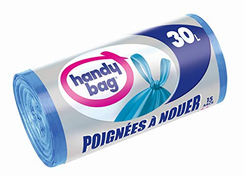 Handy Bag 15 Sacs Poubelle 30 L, Poignées à Nouer, Fermeture Hermétique, Anti-Fuites, 50 x 64 cmcm, Bleu, Opaque