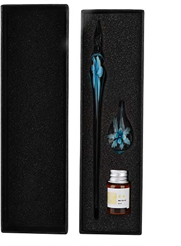 Wifehelper Stylo à plume en verre, stylo plume à stylo à encre en verre de fleur élégante en cristal rétro avec porte-stylo à encre(Bleu clair)