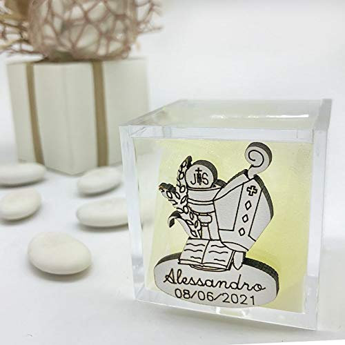 Ingrosso e Risparmio 20 x Scatoline Porta Confetti con Applicazione in Legno a Forma di Mitra e Bastone, Calice ed Ostia, Idee Comunione e cresima (con Personalizzazione-con Confezione Rosa)