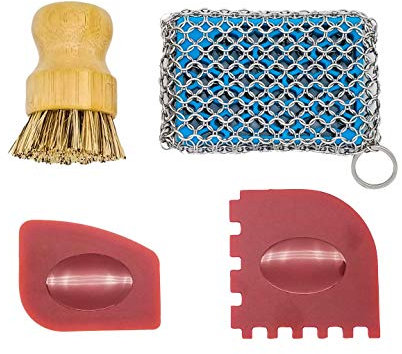 Cast Iron Skillet Cleaning Kit (4 Pieces) Chainmail Scrubber with Silicone Pad, Wooden Brush and Pan/Grill Scrapers
