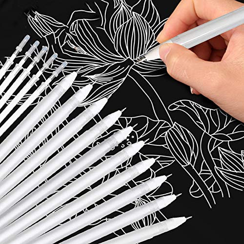 KANOSON Weißer Gelstift, 10 Stück Künstler Weißer Stift mit 5 Ersatzminen für Schwarzes Papier, 0,8 mm Feine Spitze Weiß Gelschreiber zum Zeichnen Highlights Outline Skizzieren Kunstdesign