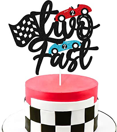 Two Fast Cake Topper Racing Car Checkered Flag Themed Happy Birthday Party Supply for Boys Girls Kids 2nd Second Two Bday Cake Decoration