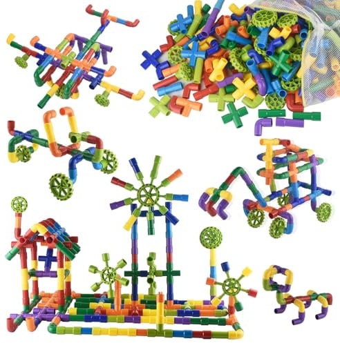 Dr.OX Tube Building Blocks, 242 Pieces Toy Pipe,Tubular Spout Construction Fun Educational Building Construction Toys with Wheels, Parts and Storage Bag for Kids Boys Girls Ages 3+