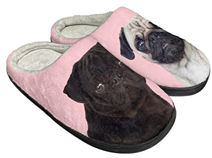 Kuiaobaty Niedliche Tiere Fuzzy Slipper Herren Damen Warme Home Slide Schuhe, Bohemia Blumen, Schädel Slip on Hausschuhe Winter Gartenschuhe, Mops, 39.5/40 EU