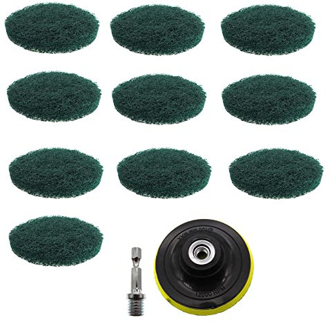 11Pcs 4 Inch Drill Power Brush Tile Scrubber Scouring Pads Hook and Loop Cleaning Kit Set with 4 Inch Disc Pad Holder for Bathroom & Kitchen Cleaning Color Green Grit-240 (Green Grit 240)