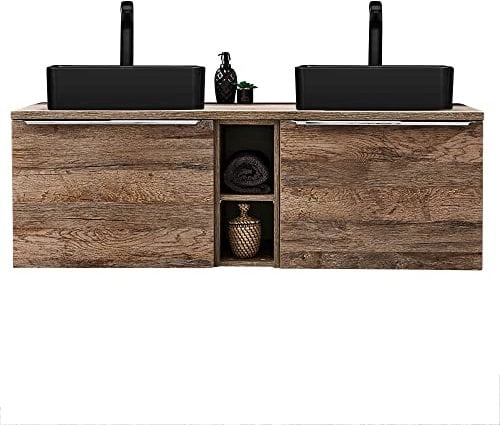 Lomadox Badmöbel Waschtisch Set Vintage Eiche, 2 Keramik-Waschbecken, 140cm Waschtischunterschrank 4 Softclose-Schubkästen, Regal