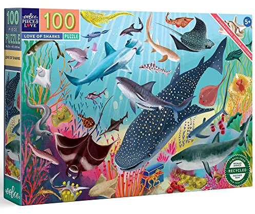 eeBoo Love of Sharks 100-teiliges Puzzle mit Poster für Kinder, 68,6 x 45,7 cm, wenn fertiggestellt, ab 5 Jahren