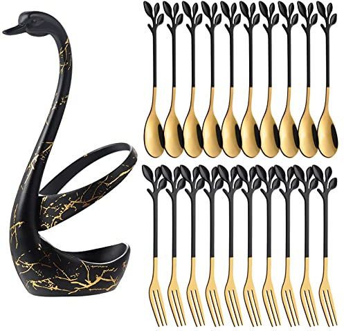 AnSaw Schwarzer Schwan-Sockelhalter mit 10 kleinen Kaffeelöffeln und 10 Dessertgabeln und Blattgriff-Set (Schwarz & Gold)