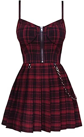 MENGQING Y2K Gothic-Kleid, sexy Sling-Sommer, figurbetont, kariert, Camisole für Damen, Mini-Kleid, schmale Passform, Streetwear, Gothic-Kleidung, rot kariert, Größe S
