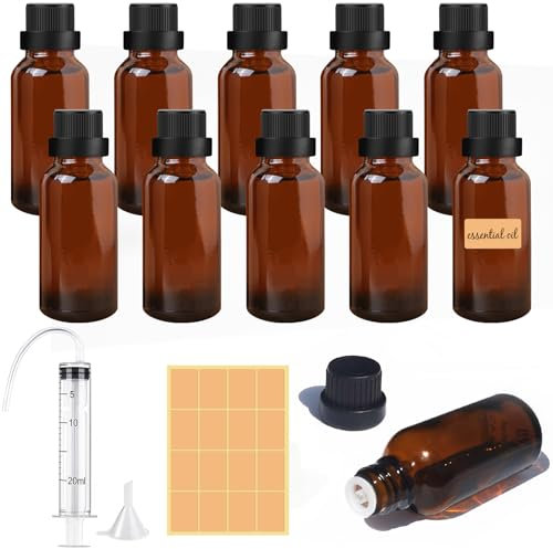 Furuising 10 Piezas Botella de Vidrio Ámbar,50ml Botella de ámbar Vacía Pequeñas Botellas de Cristal con Tapa 20ml Jeringa Embudo para Aceites de Masaje/Aromaterapia/Perfume