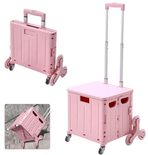 The Fellie Lightweight Stair Climber Foldable Shopping Trolley, 45L Shopping Cart on 8 Wheels, Portable Crate Handcart with Adiustable Telescopic Aluminium Handle and Lid Grocery Trolley(30kg, Pink)