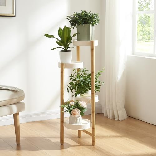 [en.casa] Pflanzenständer Sastamala Blumenregal Blumenständer Bambus mit 4 Ablagen rund Weiß Blumentreppe Pflanzenregal 85 x 32 x 32 cm