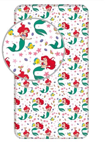 Jerry Fabrics Spannbettlaken für Einzelbett, Ariel Friends, Bettwäsche aus 100 % Baumwolle, bequem und atmungsaktiv, niedliches Disney-Prinzessinnenmotiv Arielle