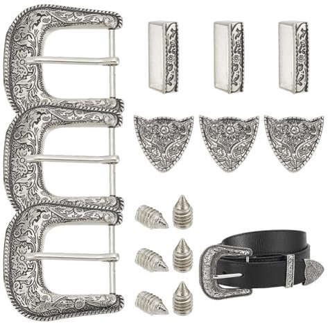 BENECREAT 3 Sets Gürtelschnallen-Set Aus Antikem Silber, 38mm Breite Western-Cowboy-Schnalle, Gürtelschnalle Aus Legierung Ersatz Für Austauschbare Schnallen