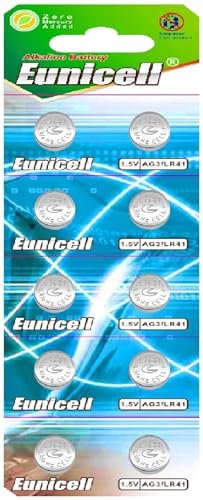 Eunicell AG3 Batterie (LR41 / 392), 10er Knopfzellen Blisterpack, 1.5V Alkaline Hochleistungs-Zelle für Uhren, Laser, Spielzeug, Hörgeräte – Langlebig & Quecksilberfrei