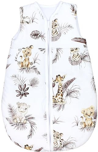 TupTam Schlafsack Baby - Wärmender Ganzjahresschlafsack 2.5 TOG, OEKO-TEX, Ärmellos, Farbe: Löwe/Blätter/Beige, Größe: 104-110