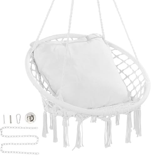 VEVOR Silla Colgante Giratoria de Macramé Carga de 150 kg con Cojín, Materiales de Montaje, Cuerda de Algodón, Silla Columpio con Flecos para Dormitorio, Terraza, Jardín, Interior, Exterior, Blanco