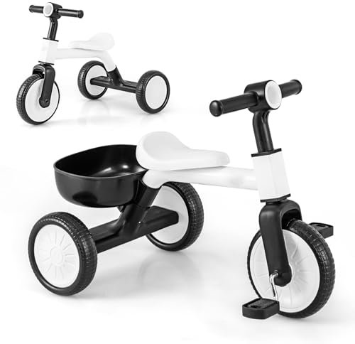 GYMAX 2 in 1 Kids Tricycle, Toddler Trike with Removable Pedals and Detachable Storage Basket, 3 Wheels Baby Balance Bike Riding Toy for 2-4 Years Old Boys Girls
