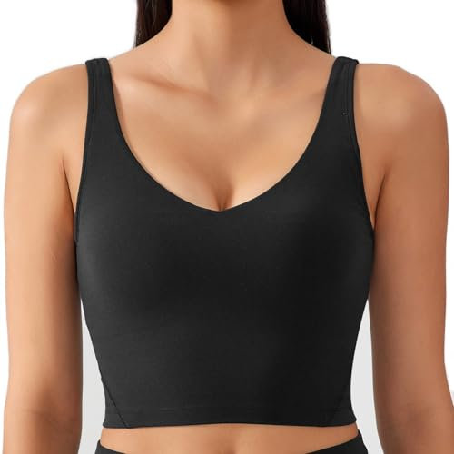 Lemedy Damen-Sport-BH, geformte Körbchen, lang, bauchfrei, gepolstert, Workout, Laufen, Yoga, Schwarz, Mittel