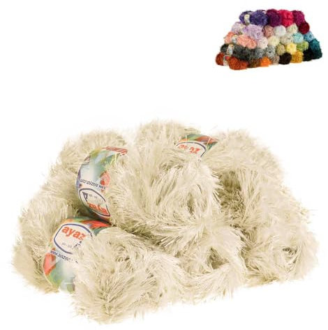 Fransen-Strickgarn Yumos 5 Knäuel je 150m/100g Strickgarn Wolle Strickwolle, Nadelstärke 4-5, Häkelnadel 3, Farbe:7690 silberbeige