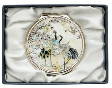 February Mountain Elegant Butterfly and Floral Mother of Pearl Compact Mirror, Dual Magnification (1X & 2.5X) – Lightweight Travel Makeup Mirror in Gift Box (Plum Blossom and Crane)