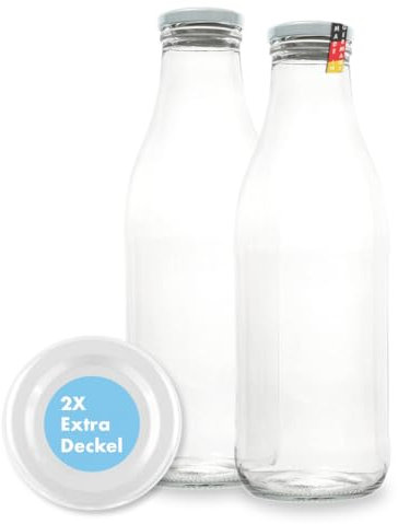 FLASCHENBAUER - Bouteilles de lait 1 litre - 2 bouteilles en verre de 1 litre - Couvercle à visser + remplacement TO48 - Bouteille de jus, de smoothie et bouteille à col large - Robuste