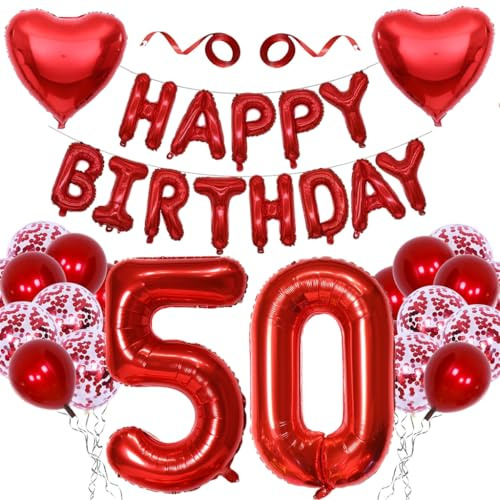 Anlgdi Deko 50. Geburtstag Frau, Geburtstagsdeko 50 Jahre Frauen Männer, Folienballon Zahl 50 Rot, Ballons Happy 50th Birthday Mann Deko, Folienballon 50 Geburtstag Männer Frauen Dekoration