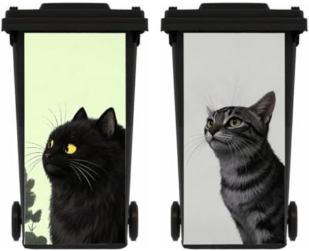 PLOIKM 2 Pieces Cat Wheelie Bin Stickers, Multi-Size Self-Adhesive Dustbin Stickers, Wall Art, Waterproof Decal for Garden, Indoor Outdoor