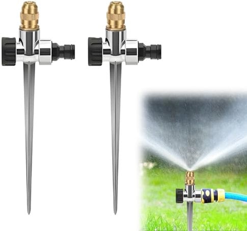 SIGANDG 2 Pieces Metal Lawn Sprinkler for the Garden, Automatic Garden Water Sprinkler on Spiked Base, Metal Spike Adjustable 360 Degree Nozzle
