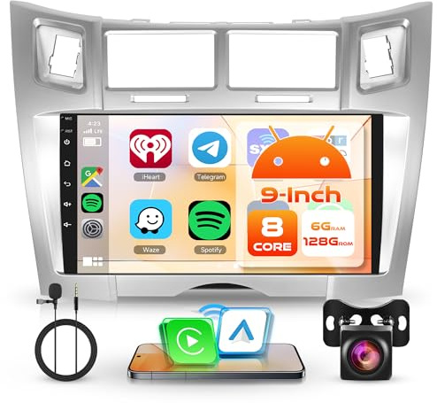 8 Kerne 6+128G Android Autoradio für Toyota Yaris/Vizi 2005-2011 9 Zoll Touchscreen Radio mit Kabellos Carplay Android Auto Mirror Link Bluetooth FM/RDS/EQ/DSP WiFi GPS Navi Rückfahrkamera