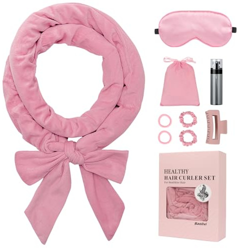 Baolivi Heatless Curls Band, Samt Lockenwickler Über Nacht Locken Ohne Hitze, 70 Overnight Curls Locken Haarband, 9 Stück Lockenwickler Ohne Hitze Hair Curler Rollers Set mit Schlafmaske, Rosa