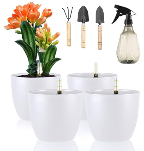 LangRay 4er-Set Blumentopf mit Wasseranzeiger, 15.5x13cm Klein Kunststoff Pflanztopf Selbstbewässerungstopf Wasserspeicher Hydrokultur Topf mit Bewässerungssystem Selbstbewässernd (Weiß)