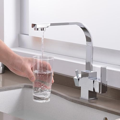 3-Wege-Chrom-Wasserhahn für Umkehrosmoseanlage, Küchenspüle, Wasserhahn mit Heiß- und Kaltmischer, Trinkwasserhahn mit 2 Ausgängen und stilvollem Design